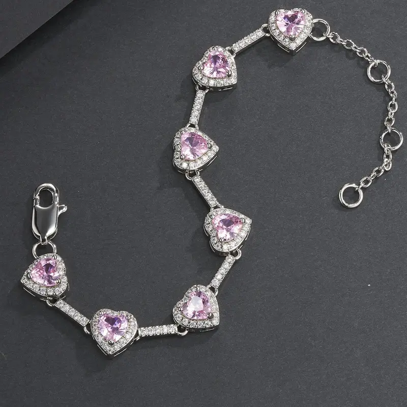 Pink Heart Shaped Zircon Decor Bracelet, Fashionable Jewelry for Women & Men, Trendy All-match & Exquisite Jewelry for Birthday Gift, Heart Design Bracelet, Fashion Bracelets, Heart Charm Bracelet, Beautiful Bracelets, Valentines Bracelets