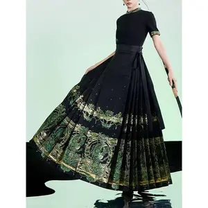 Printed Hanfu Dress, Gold Embellishments, Front Tie Design, Long A-line, Black and Green Women's Polyester Fiber Maxi Dress - Traditional Chinese Style, Formal Wear | Gold Accents Jumpsuit | Decorative Edge