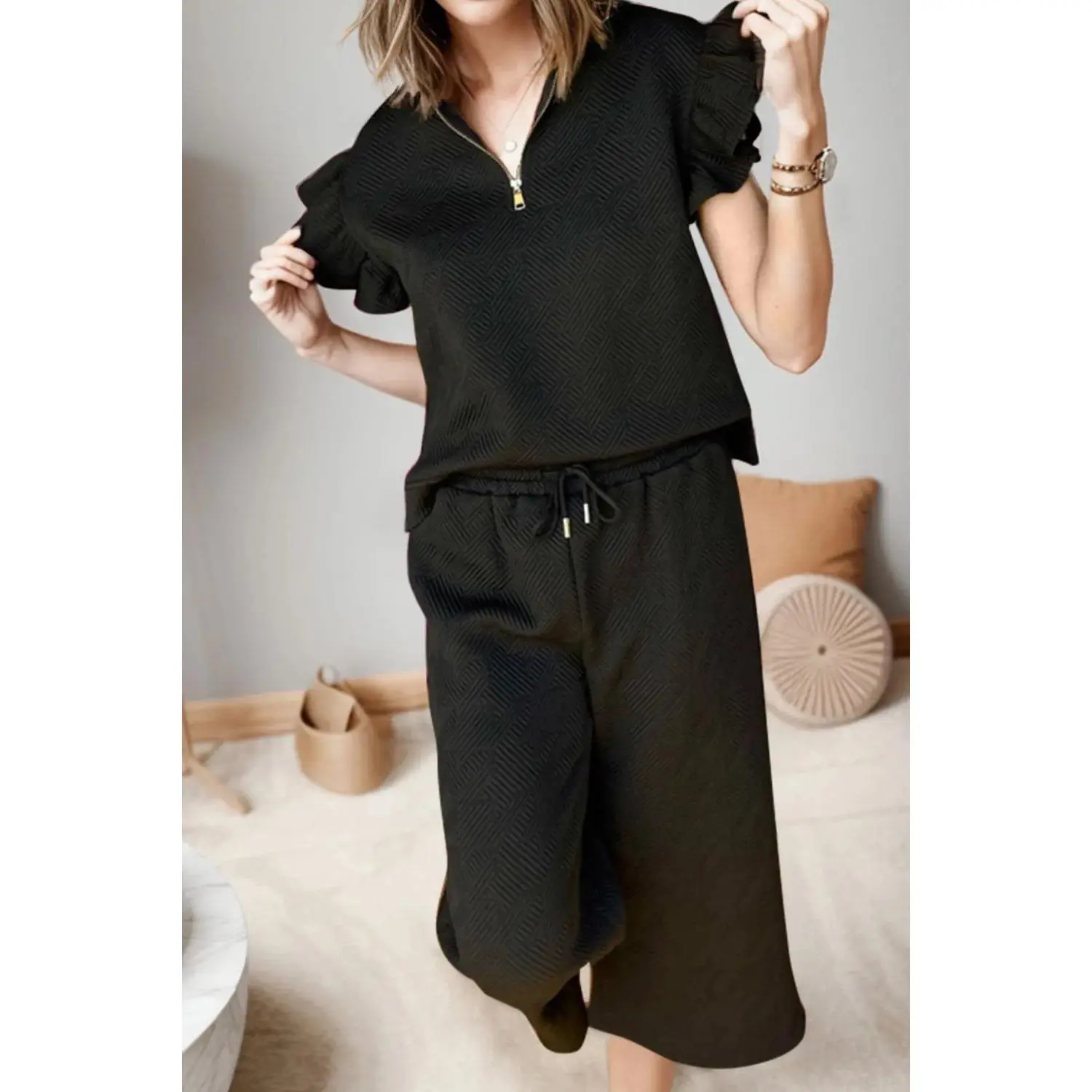 Ruffled Quarter Zip Top and Drawstring Pants Set