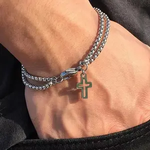 Men Cross Bracelet, Double Layer Chain, Hollow Crisscross Design Fashion Jewelry
