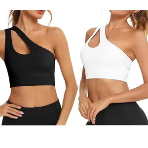 One Shoulder Sports Bra Removable Padded Sexy Yoga Top Medium Support