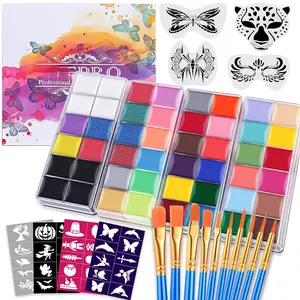 Professional Face Body Paint Kit,42 Colors Oil Face&Body Paint Kit (26 Classic Colors+10 Metal Colors +6 UV Glow Colors) with 10 Size Brushes 4PCS Reusable Large Face Stencils and 4PCS Small Paint Stencils for Kids’ and Adults’ Halloween Makeup