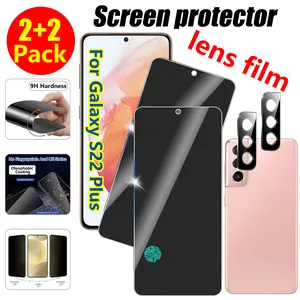 [2+2 Pack] Privacy Screen Protector and Camera Lens Protector for Samsung Galaxy S22 Plus 6.6 Inch Tempered Glass Saver, Full Coverage, 9H Hardness HD Anti-spy, no Fingerprint unlock, Compatible Cases