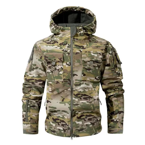 Men's multi-pocket hooded work jacket, fleece-lined waterproof coat with pocket design made from fleece fabric.Men's Jacket Coat Top Long Sleeve Operator Motorcycle Off-Road Camouflage Casual