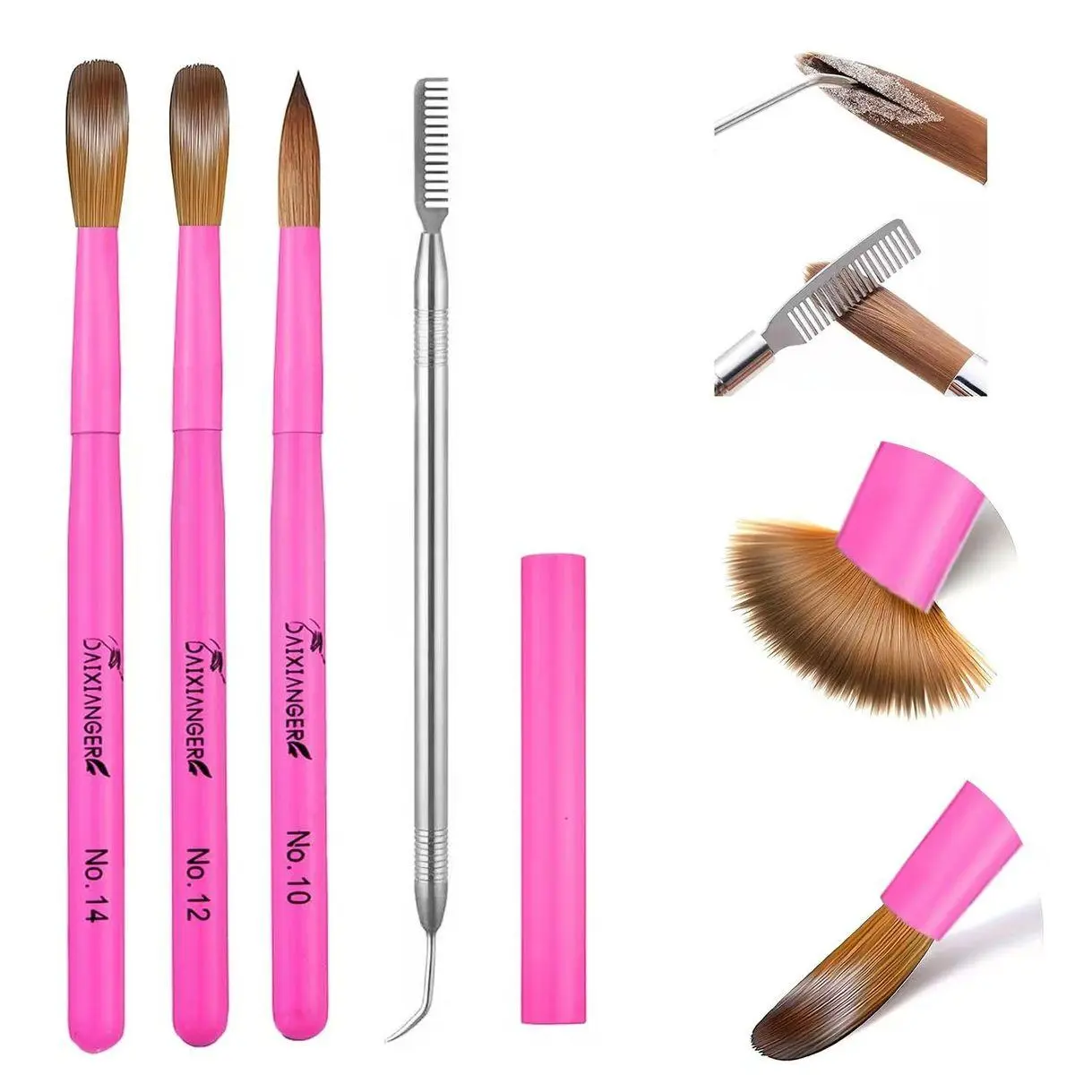 Acrylic Nail Brush Set,Size 8/10/14 Hot Pink Professional Nail Brushes Cleaner Manicure Tool for Acrylic Application Extension and 3D Carving for Nail Art Design