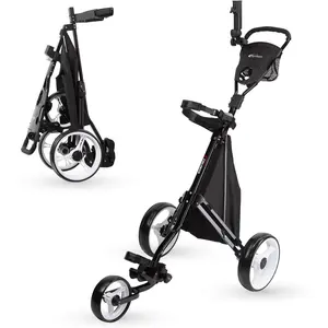 Cruiser 3-Wheel Golf Push Cart with Foot  & Stabilizer Rods - Folding Golf Trolley,  Handle, Detachable Storage Bag, Scorecard & Cup Holder