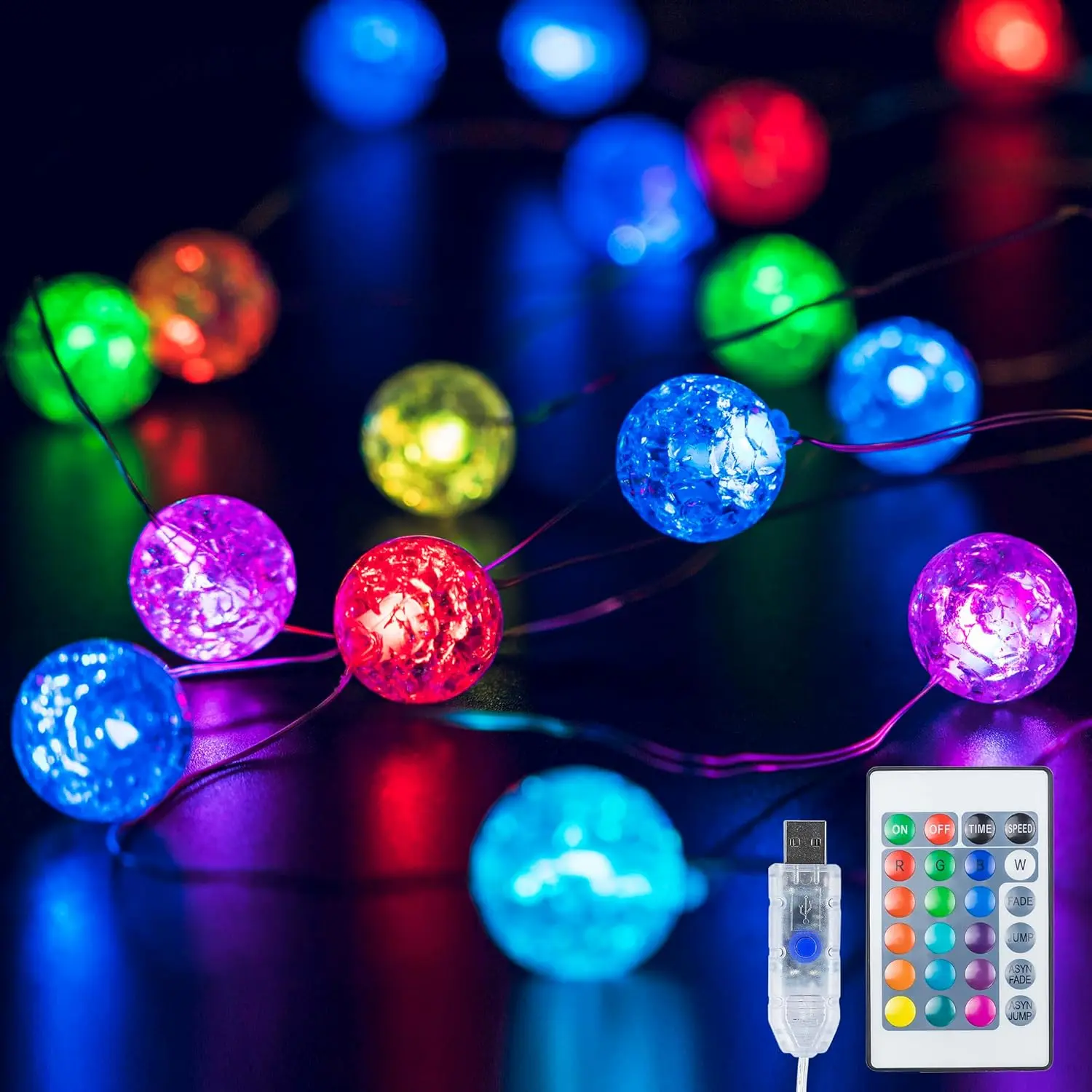Globe String Lights for Bedroom, Crackle Small Ball Lights for Classroom,17 Vibrant Color 10FT 30 LED USB Operated with Remote Fairy Light for Indoor,Outdoor,Wedding,Christmas,Party,RGB