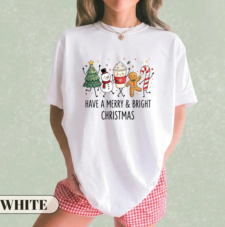 Cute Christmas Shirt Merry And Bright Tee Kawaii Holiday Top Winter Festival Tshirt Gingerbread Man Apparel Retro Christmas Clothing
