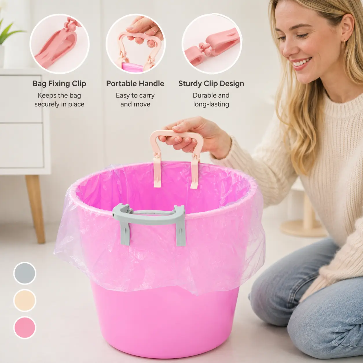 1 Count, Trash Bag Fixed Clip, Non Slip Handle Reusable Plastic Garbage Bag Holder for Household Office Waste Bin Daily Use
