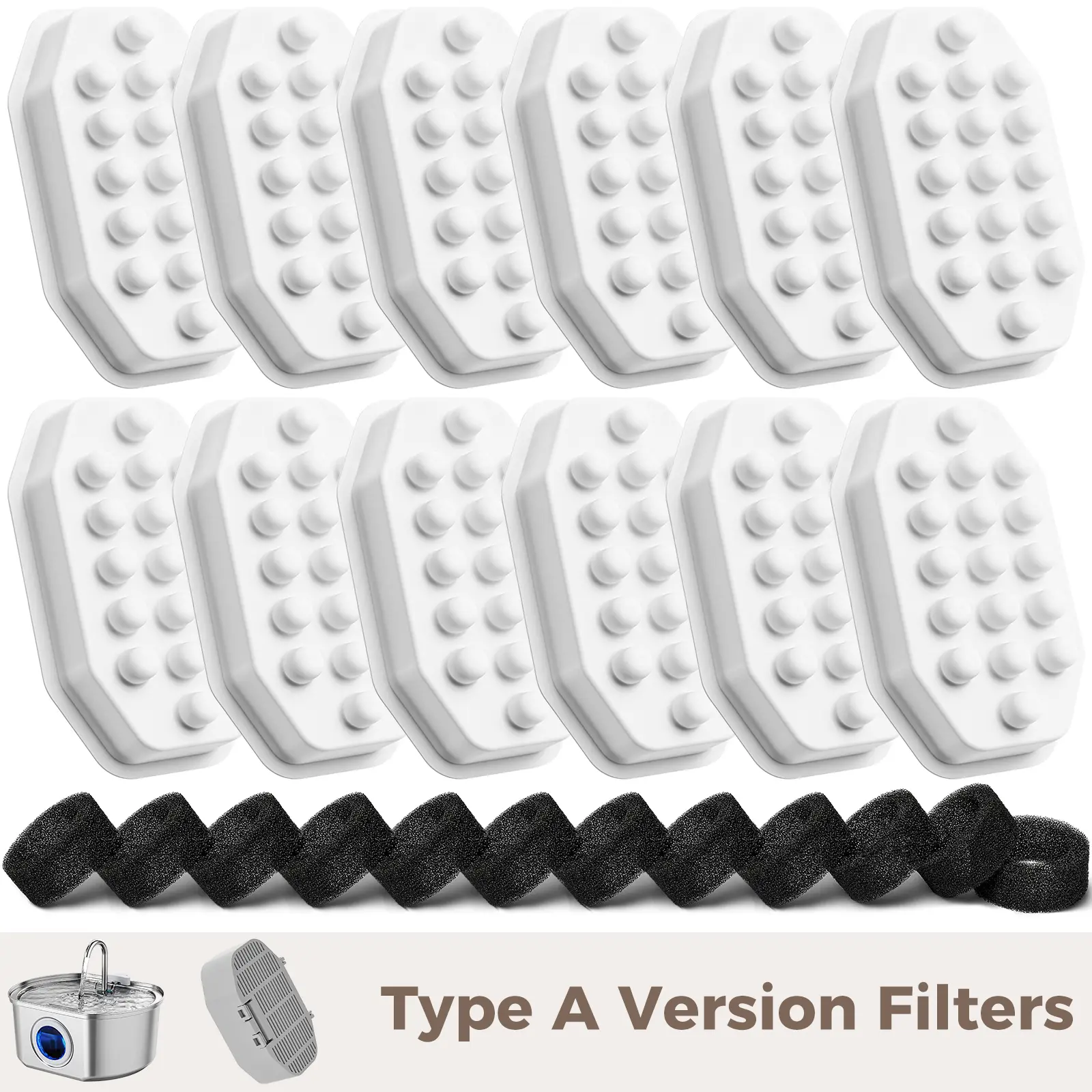 Neareal 12 Pack Version A Oval Cat Water Fountain Replacement Filters & Pre-Filter Sponges for 108oz/3.2L Stainless Steel Pet Water Fountain Springtok