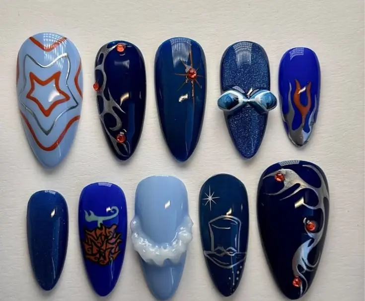 Toner Apiecer Isabona Press On Nails | Blue Flame 3D Anime Nail Art | Top Hat Goggles Devil Fruit Handmade Almond Reusable Nails| FREE Adhesive Tabs  Nail File Cuticle Stick