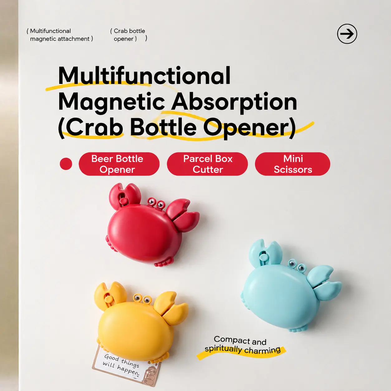 Fridge Magnet Kitchen Gadget 3-in-1 Multifunctional Crab Bottle Opener Box Cutter Cartoon Cute Portable Magnetic Scissors 2026 New