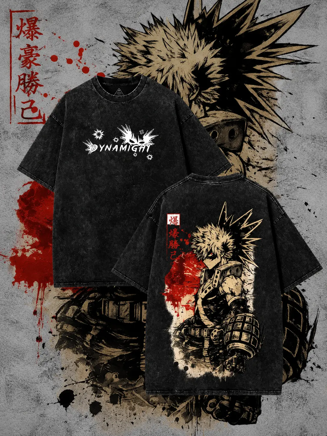 My Hero Academia Bakugo Graphic Tee Vintage Washed Oversized Anime T Shirt Heavyweight Cotton Japanese Manga Streetwear Harajuku Y2K Retro Unisex Fashion Top