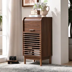 Farmhouse Roll Top Storage Cabinet, Wooden Tambour Door Accent Cabinet with Adjustable Shelves, Narrow Sideboard for Living Room & Entryway