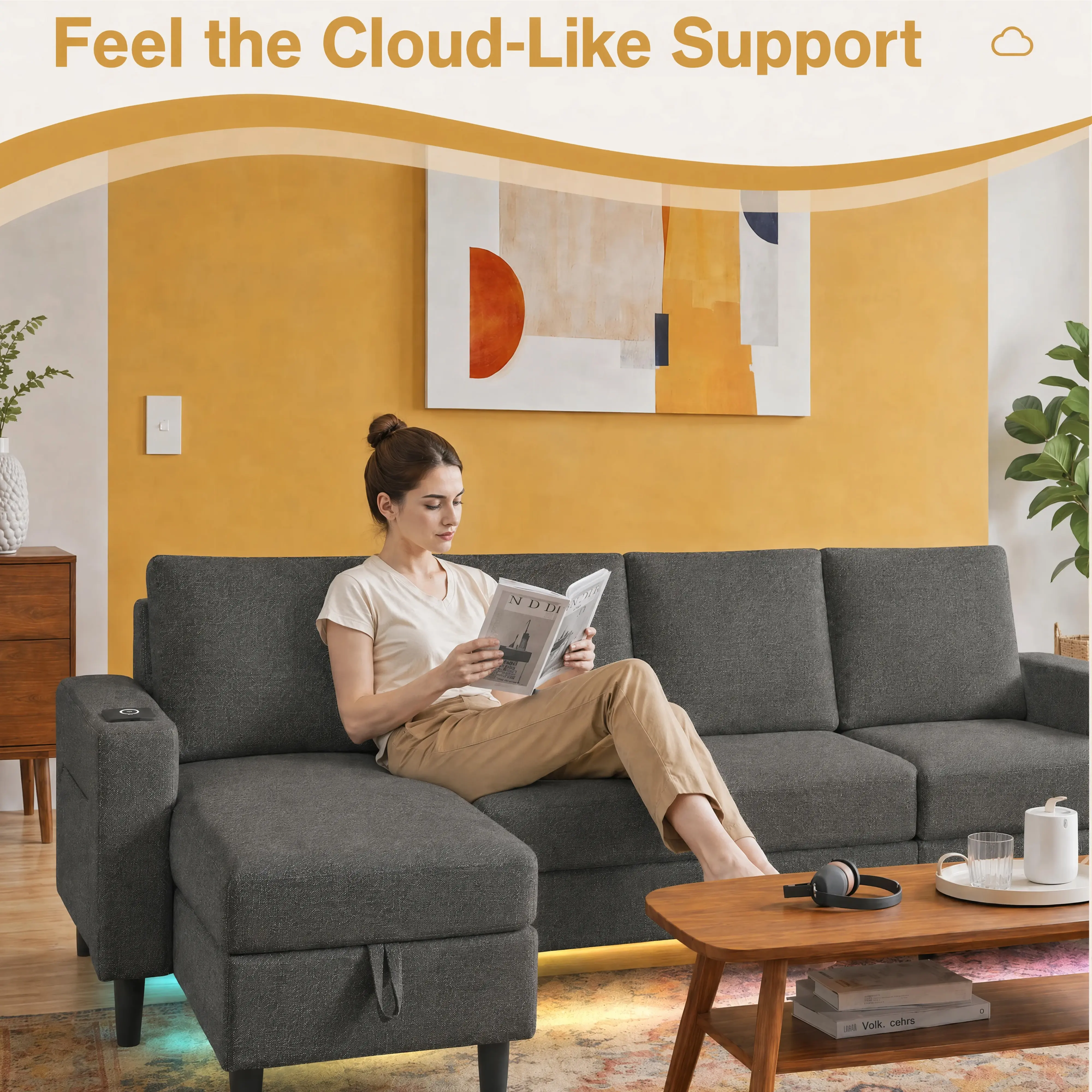 U-Shaped Modular Sectional Sofa with LED Lighting, Oversized Deep Seats for Family & Apartment, 109" Light Gray 6-Seat Living Room Couch