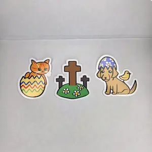 Easter Waterproof Stickers- Cat in Egg, Dog with Egg Hat and Chick, Cross on Hill