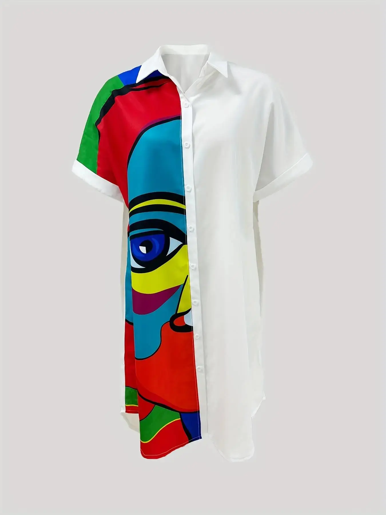 Women's Cartoon Face Print Curved Hem Shirt Dress, Casual Batwing Sleeve Knee Length Dress for Summer, Ladies Clothes for Holiday Vacation, Asymmetrical Hem Dress