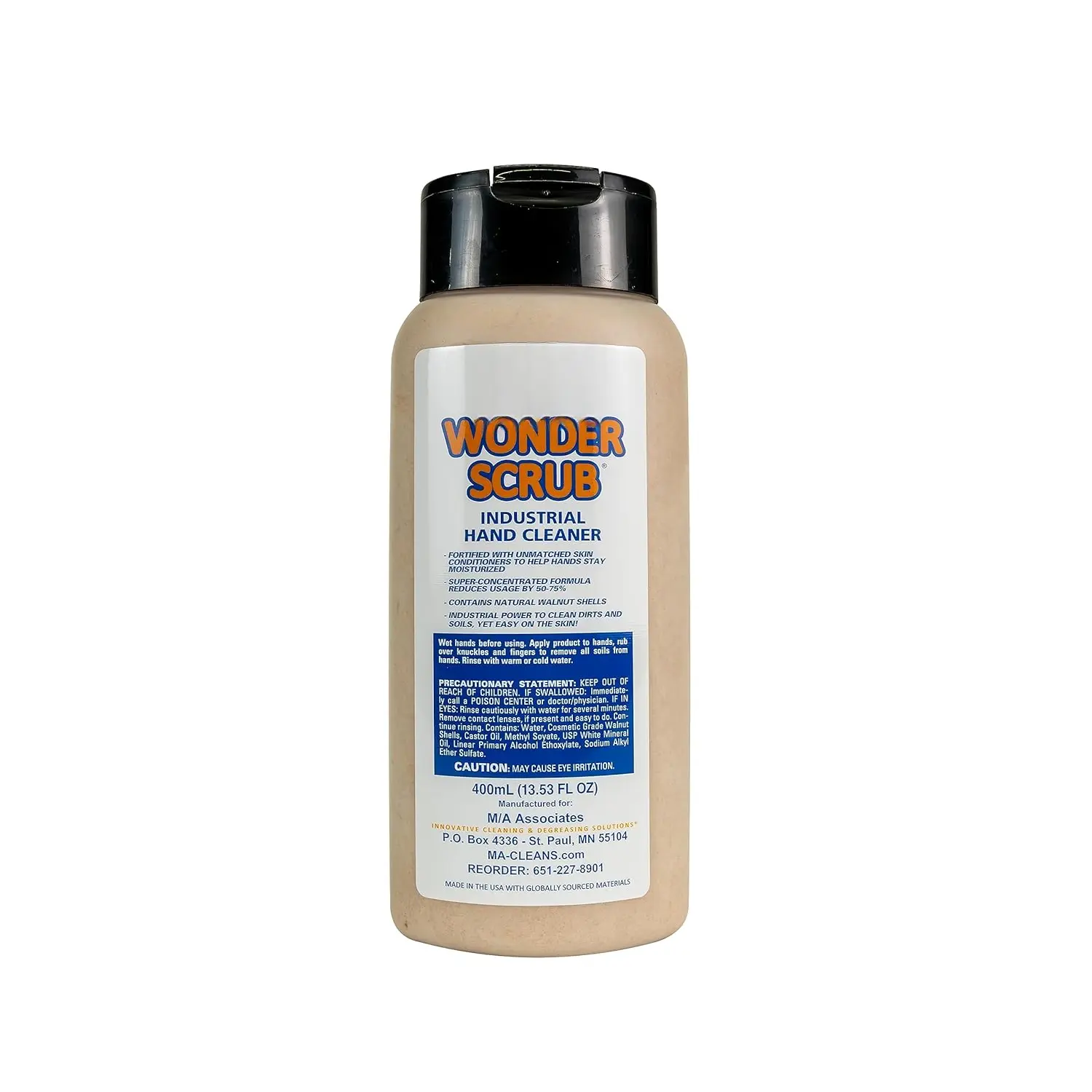 Wonder Scrub Industrial Strength Mechanic Hand Cleaner - Walnut Shell Soap, 400ml Bottle Eco-Friendly Household Cleaning Solution with Moisturizing Conditioners for Dirt, Oil, Soft and Clean Skin