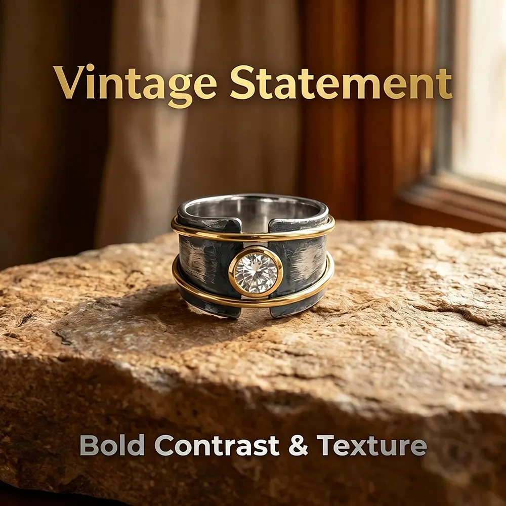 Two-tone gunmetal black declaration ring - bezel-set with synthetic zircon, unique design, suitable for everyday wear and evening looks.