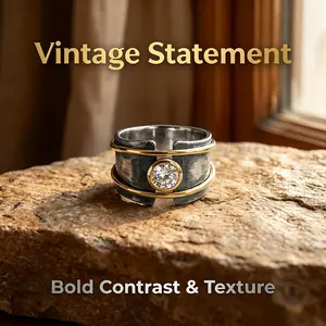 Two-tone gunmetal black declaration ring - bezel-set with synthetic zircon, unique design, suitable for everyday wear and evening looks.