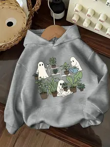 Women's Halloween Cartoon Soul Graphic Knitted Long Sleeve Hoodie Sweatshirt, Loose Fit Comfortable Everyday Home Wear, Ghost Plant Print, Perfect for Fall Winter Season