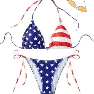 Independence Day Flag Print Women's Tie-Up Swimsuit, Beach Bikini Swimwear, No Underwire, Sporty Style