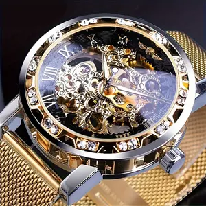 Binbond Elegant Men's Mechanical Watch with Rhinestone Accents and Hollow Mesh Band - Stainless Steel, Zinc Alloy Case,