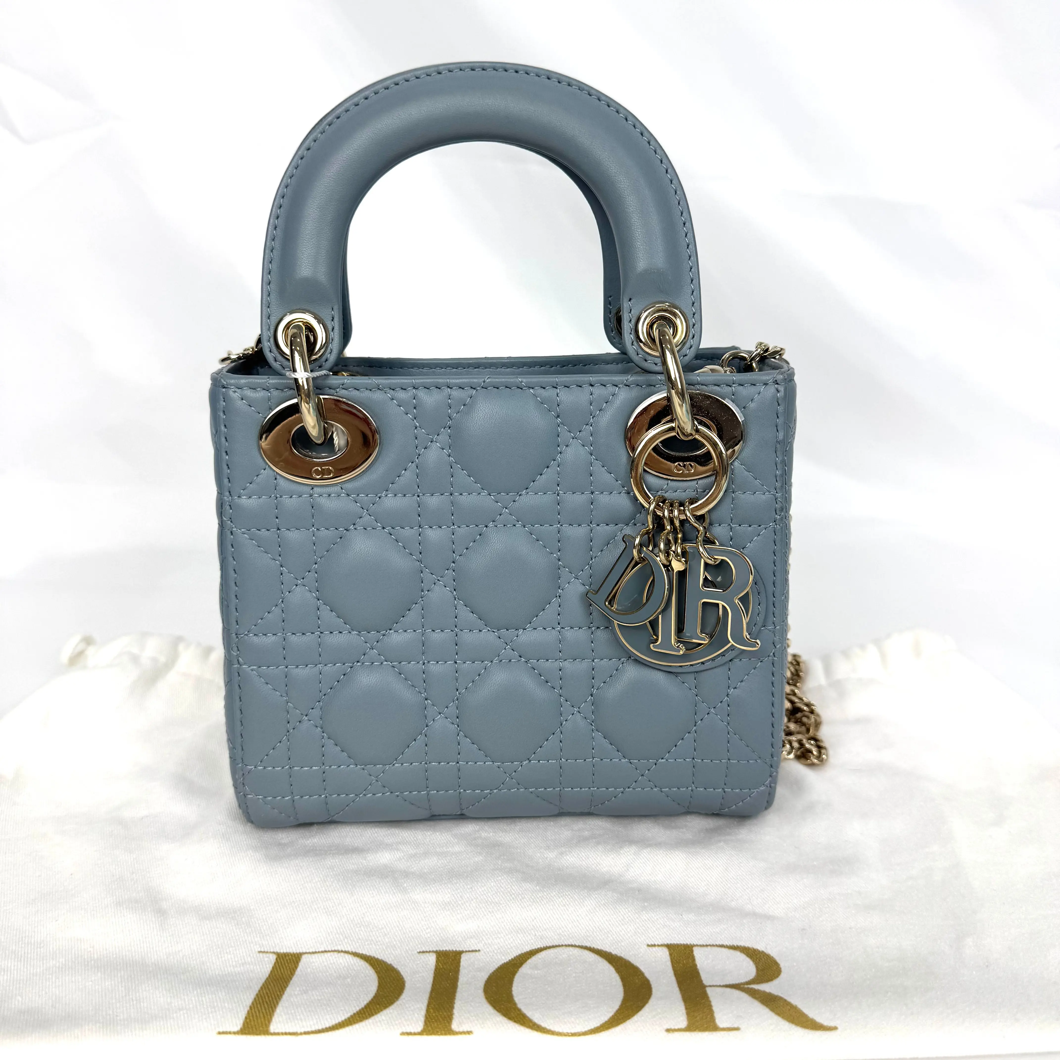 Pre-owned Dior Slate Blue Lambskin Cannage Mini Lady Handbag with Gold Tone Hardware, Detachable Gold Chain Crossbody Strap