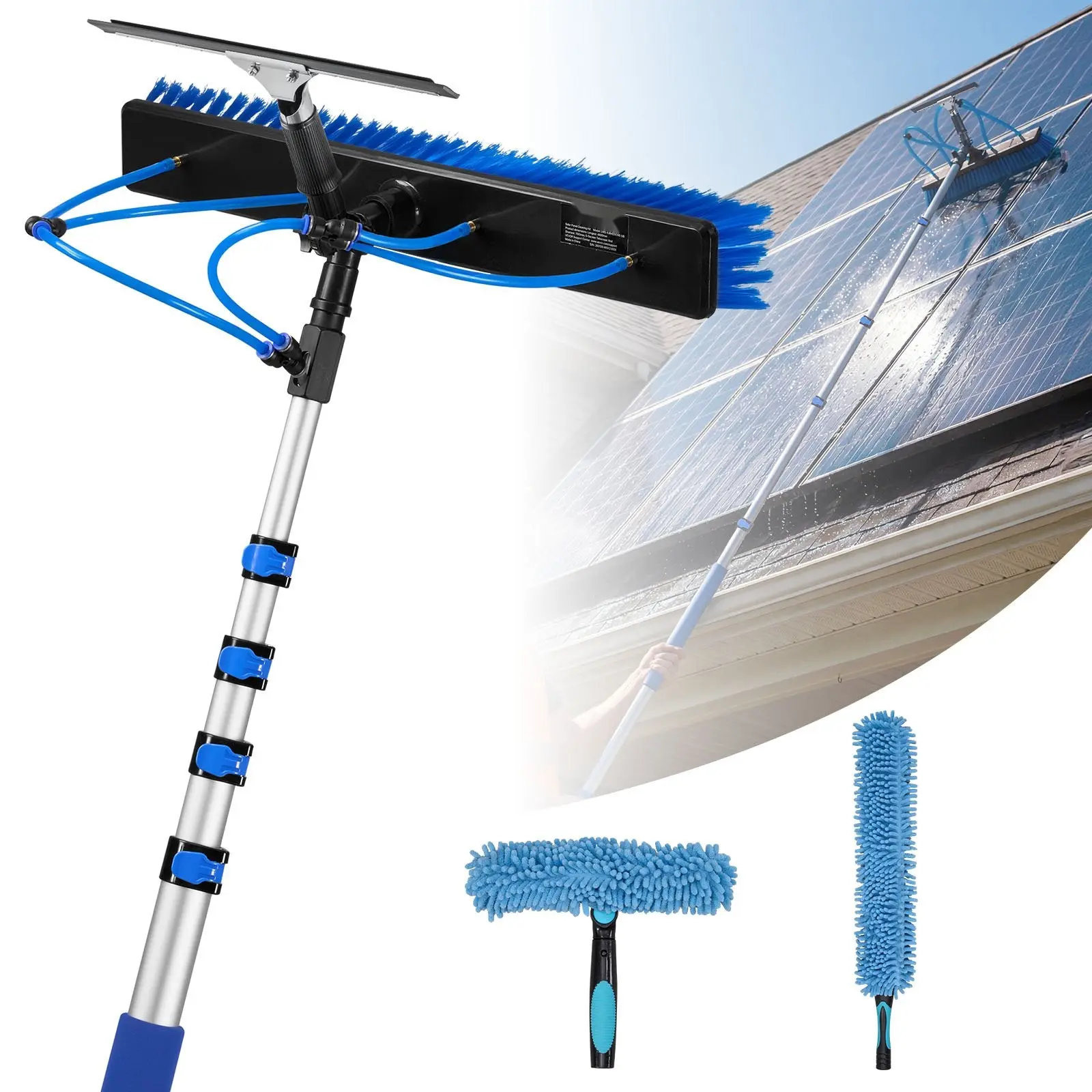 Solar Panel Cleaning Kit, 15 Ft Water Fed Pole System With Cleaning Brush, Squeegee, Soap Dispenser, Extendable Aluminum Telescopic Pole, 180° Rotatable Brush Head, For Roof Mounted Solar Panels