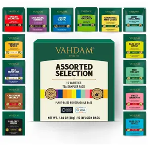 VAHDAM Tea Variety Pack - 15 Pyramid Individually Wrapped Tea Bags for True Freshness & Flavour - Beverage, Fruit