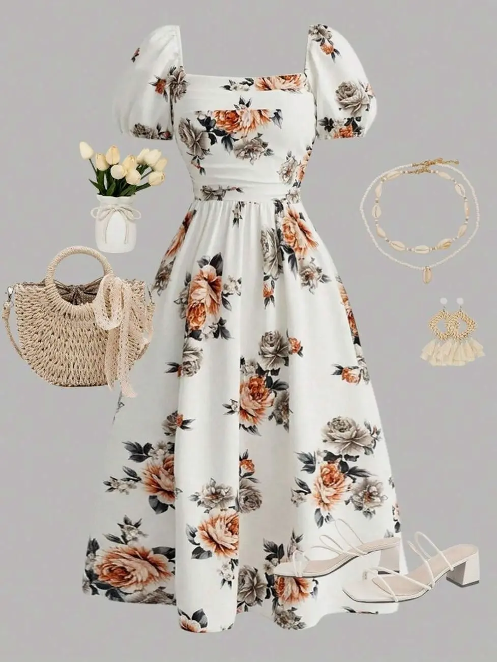 Teen Girls Navy Floral Midi Dress, Puff Sleeve Ruched A-Line Dress for Wedding Guest Prom