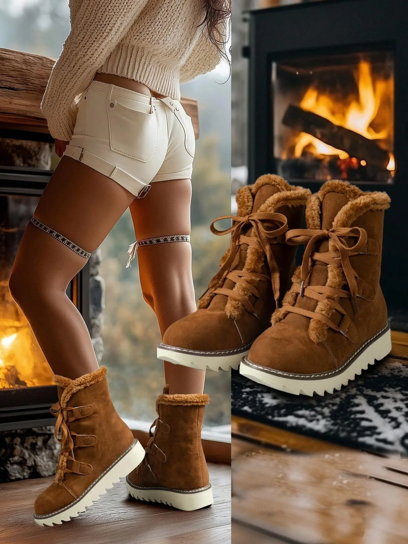 Women's Fashionable Lace Up Plush Lined Snow Boots, Mid-calf Warm Boots for Winter, Fluffy Shoes for Indoor & Outdoor