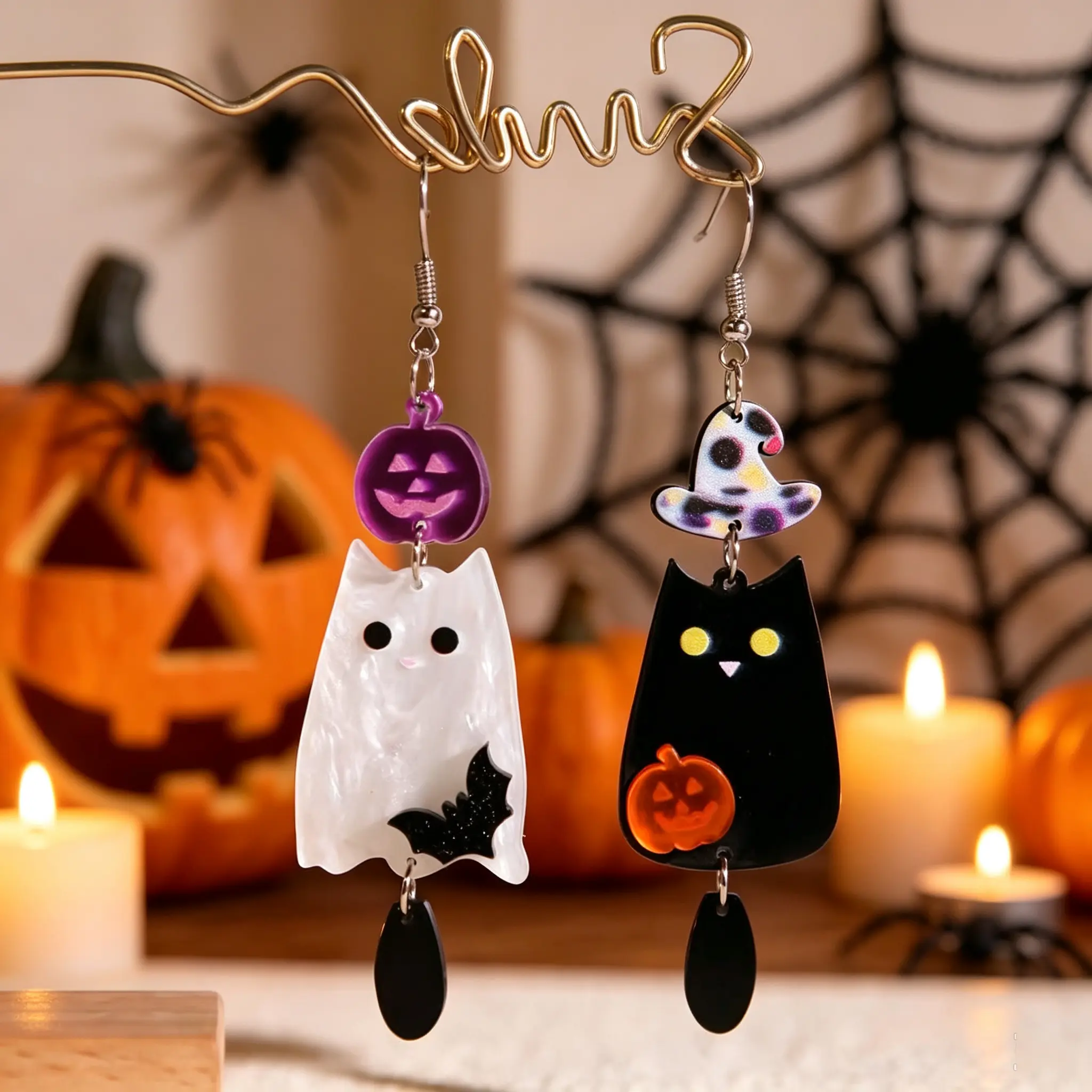 Cute Halloween Ghost Cat Black Cat Dangle Earrings, Asymmetric Acrylic Spooky Earrings for Women, Lightweight Hypoallergenic Halloween Party Jewelry Gift wedding gift birthday anniversary large day springstatements gold accessories whimsical earings Set