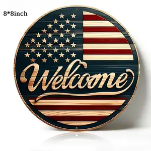 Patriotic Welcome American Flag Round Metal Sign "Welcome" Retro Wall Art & Home Decoration, Wall Decor & Entryway Decor for Patriotic Families, 8×8 Inch Aluminum, Vintage Wood Rustic Style, Ideal Gift for Housewarming & 4th of July Enthusiasts