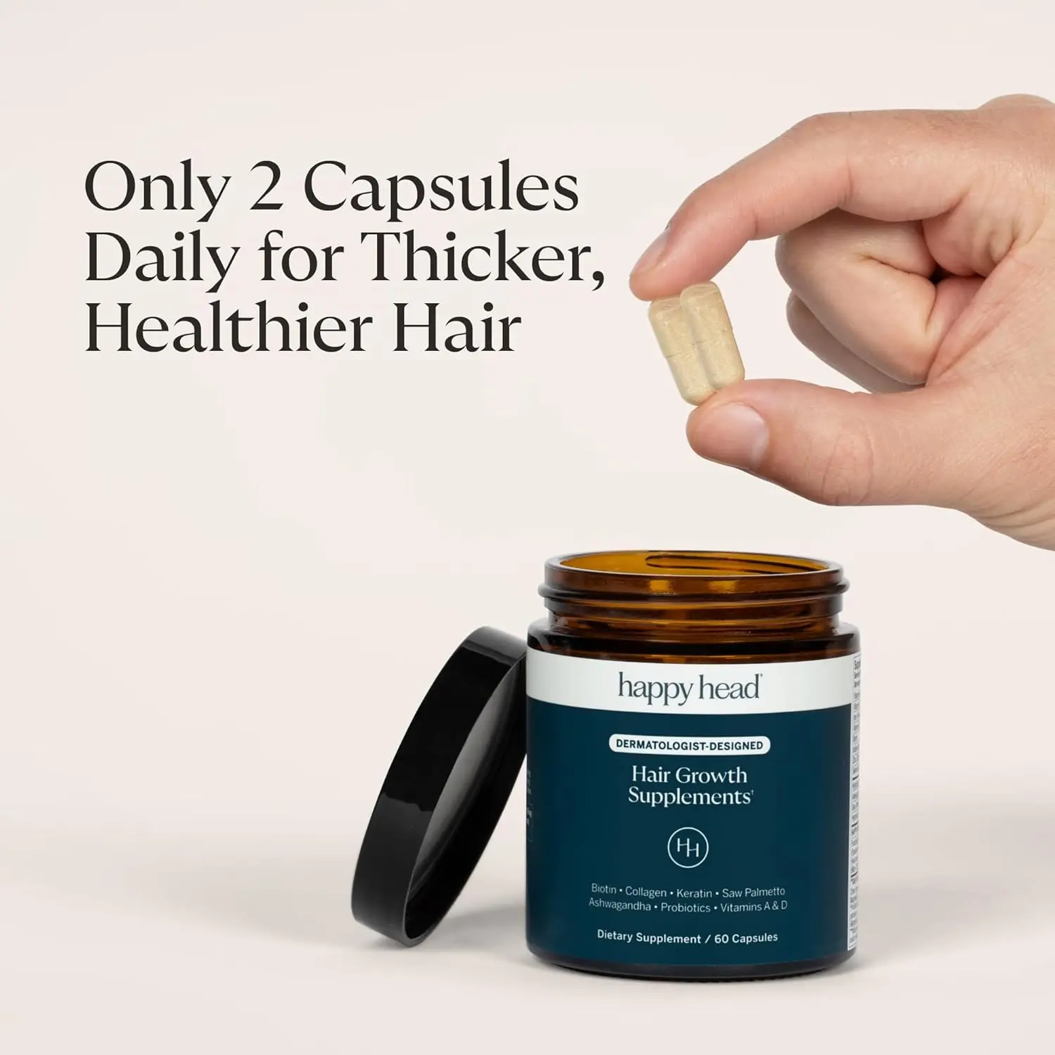 Happy Head Hair Supplement Capsules for Men with Biotin, Collagen, Keratin, Ashwagandha, Vitamins D, Vitamin A, & Saw Palmetto, Daily Hair Care Support Formula, 1 Month Supply, 60 Capsules