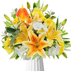 Yellow Flowers Bouquet 11 Stems Artificial Tiger Lilies Mixed Faux Morning Glory Calla Lily; Fake Flowers Spring Decorative Flowers Floral Arrangement for Home Wedding Table Centerpiece