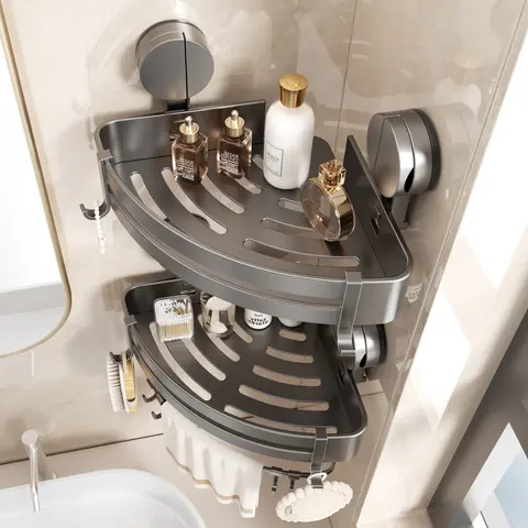 ESMIBEN Modern Gun Gray Aluminium Bathroom Accessory - Nail-Free Wall-Mounted Corner Shelf, No-Drill Suction Cup Storage, Rustproof Waterproof, Drainage Design & Hooks, Easy Repositioning, Installation Video, Space-Saving for Smooth Dry Walls
