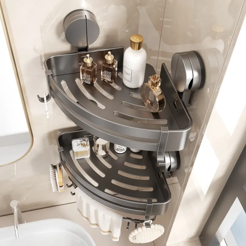 ESMIBEN Modern Gun Gray Aluminium Bathroom Accessory - Nail-Free Wall-Mounted Corner Shelf, No-Drill Suction Cup Storage, Rustproof Waterproof, Drainage Design & Hooks, Easy Repositioning, Installation Video, Space-Saving for Smooth Dry Walls