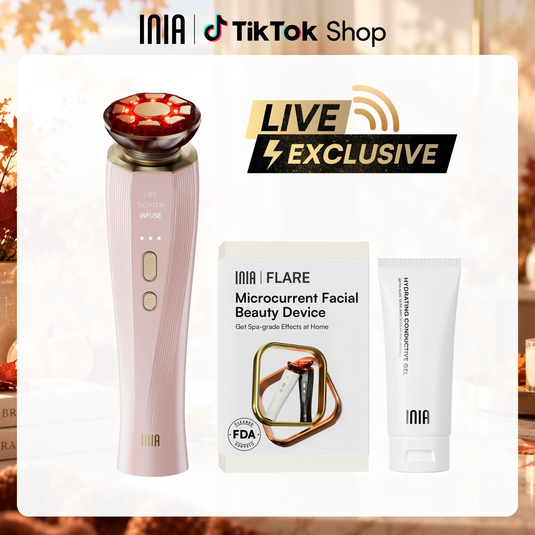 【LIVE EXCLUSIVE】INIA FLARE All-in-One Facial Beauty Device, 3-in-1 Facial Massager Beauty Device for Face and Neck Skin Rejuvenation Lifting/ Tightening/ Infusing, Perfect Gift Season Pick,Summer Travel Accessories, Facial Care Tools, Micro Current Device