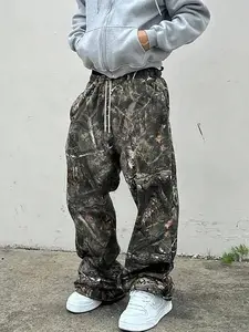 Men's Y2K Camo Stretch Cargo Pants, Vintage Branch Print, High Street Loose Fit, Streetwear Hip Hop Style, All Seasons Wear