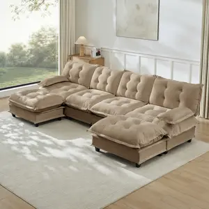 138" U-Shaped Modular Cloud Sofa with 2 Ottomans, 4-Seat Chenille Deep Seat Sectional Couch with Lattice-Decor Cushions for Living Room & Apartment