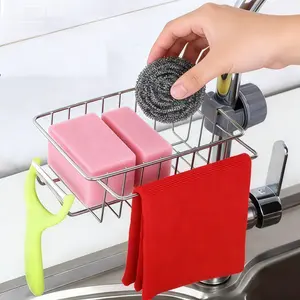 304 Stainless Steel Faucet Storage Rack with Towel Holder & Hooks, Space-Saving Sink Organizer for Sponge, Soap and Dishwashing Liquid