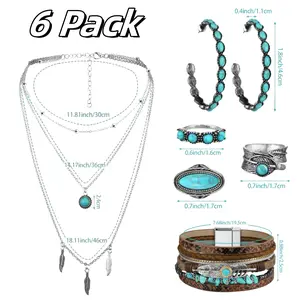 Bohemian Western Jewelry Turquoise Set Women Bohemian Pendant Long Choker Layered Bracelets Turquoise Earrings Ring