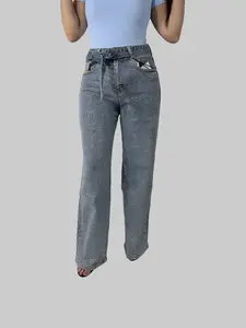 Alejandra- Rhinestone Wide-Leg High-Waisted Jeans, Denim with Rhinestone Embellishments