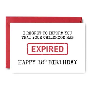Official 18th Birthday Card & Envelope Gift for High School Graduate, New Adult, Coming of Age, Milestone Celebration, Humorous Bureaucratic Keepsake with Red "EXPIRED" Stamp Greeting Card