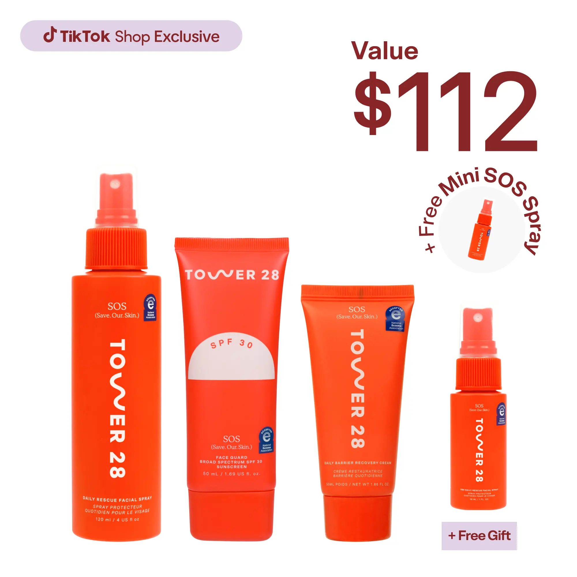 Tower 28 SOS Skincare Set: SOS Rescue Spray, Recovery Cream, Face Guard SPF 30 (+ FREE Mini SOS Rescue Spray + Makeup Bag)