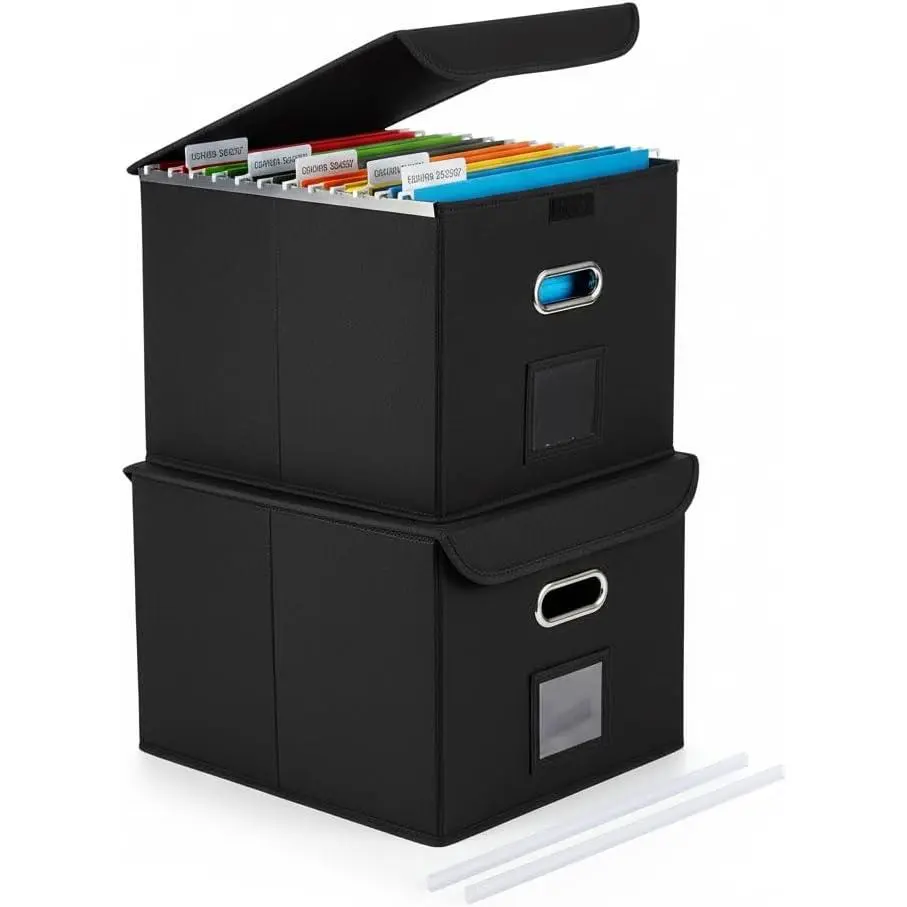 Black covered file storage box, 2-piece set, with plastic sliding rails, foldable and hanging file box