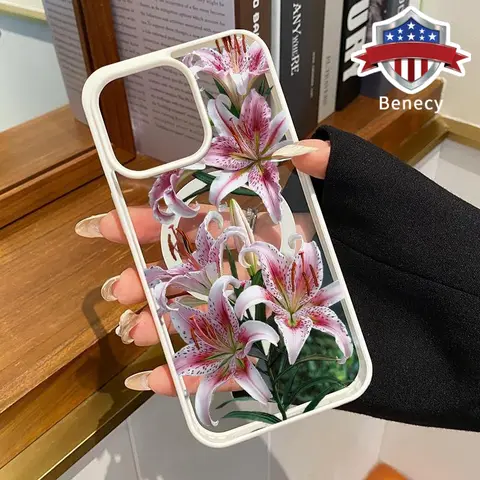 Elegant Lilies Pattern Magnetic Silicone Smartphone Case - Durable Anti-Drop Soft TPU, Shockproof Non-Slip Transparent Acrylic Casing, Wireless Charging Support, Protective Cover for iPhone 11,12,13,14,15,16,17 Pro Max,Air,XR,XS Plus