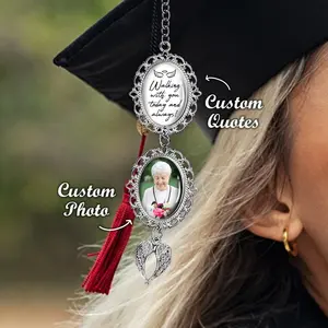 Custom Graduation Photo Charm, Walking With You Today & Always Memorial Charm with Angel Wings, Hat Topper Tassel, Graduation Gifts