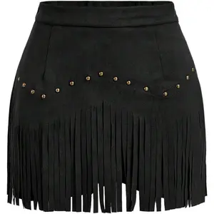 Women's Suede Fringe Sexy Cowgirl Skirts Country Concert Outfit Western High Waisted Skirt